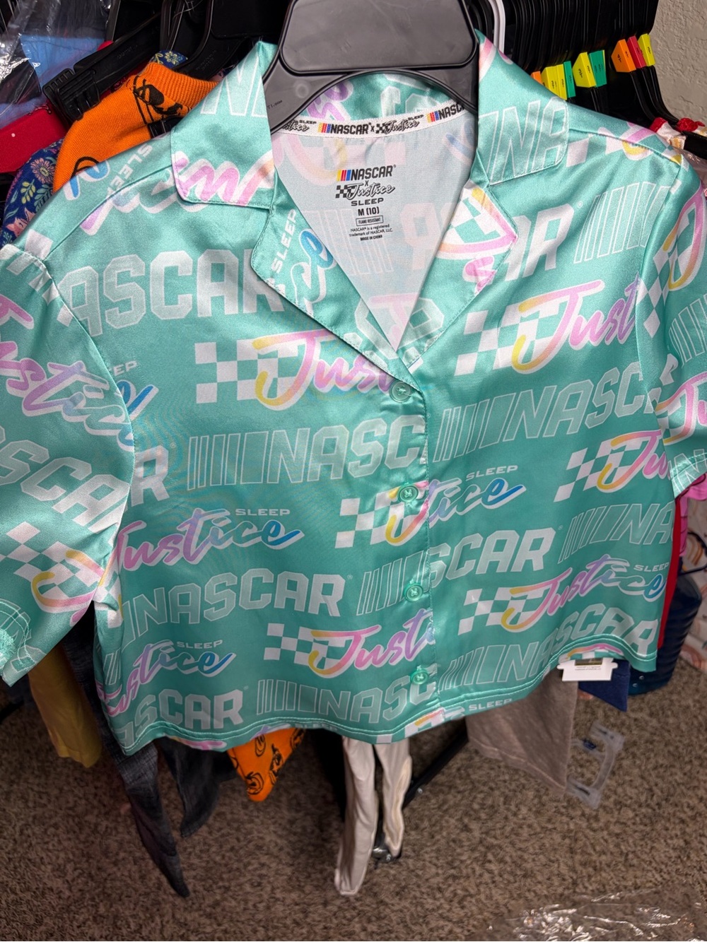 Nascar Mint Satin Pajama Top with Pastel Pink Yellow Purple Graphics
